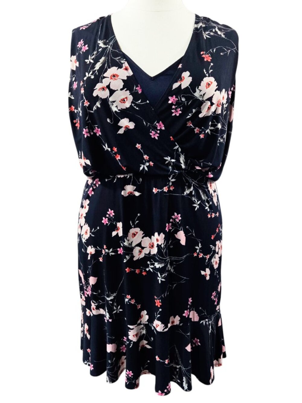 Eliza J Navy Blue Floral Liquid Knit Sleeveless Faux Wrap Dress Romantic